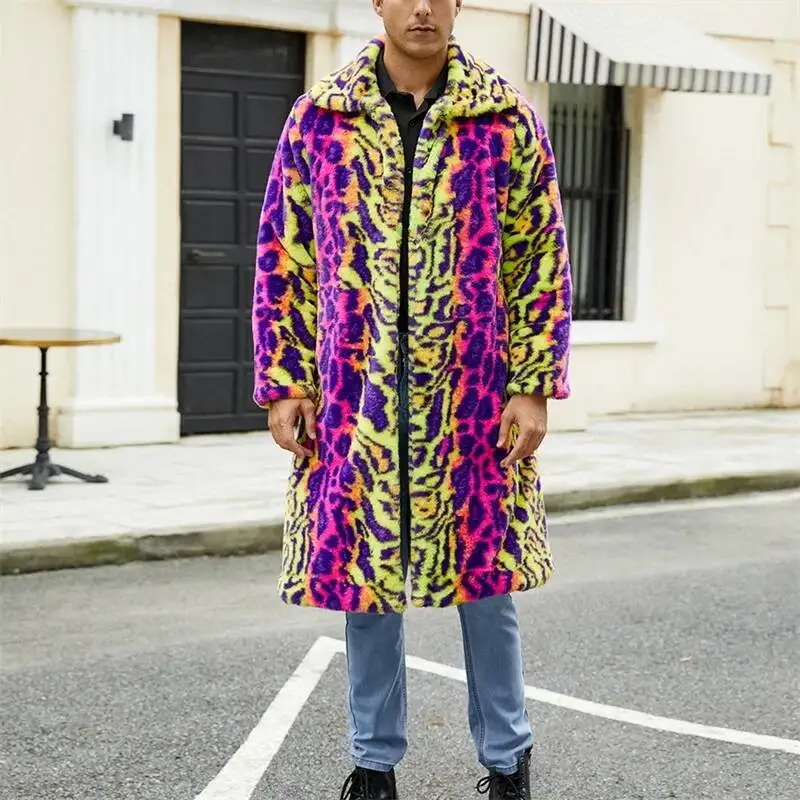 

Мужское пальто из искусственного меха с контрастным животным принтом и лацканами, длинная куртка с открытыми рукавами спереди, зимняя теплая верхняя одежда
