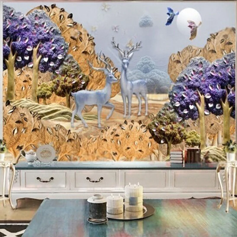 

A beautiful 3D relief deer forest living room decoration TV luxurious home decoration bedroom background wall
