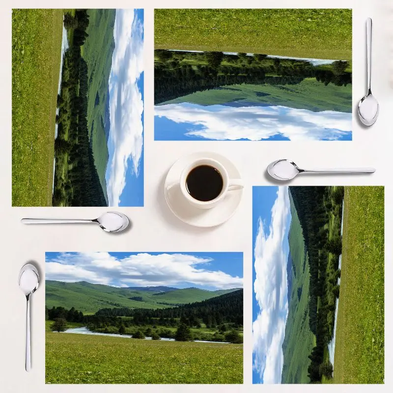 

4-piece table mat set, vibrant landscape design, rectangular, easy to clean, perfect for dining & festive occasions.