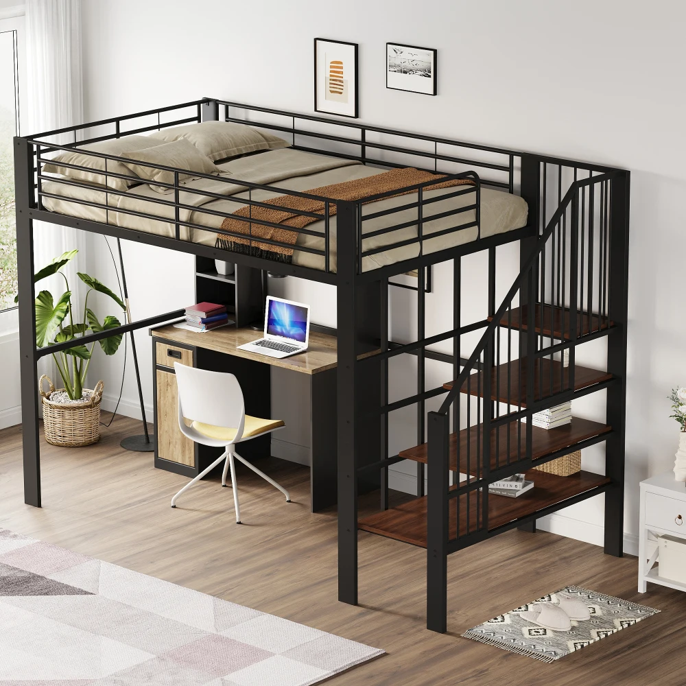Stabiles Hochbett aus Metall, 90 x 200 cm/140 x 200 cm, mit geräumigem Stauraum unter dem Bett und Treppe für Kinder und Erwachsene, Bettgestelle und -gestelle – Detail 14