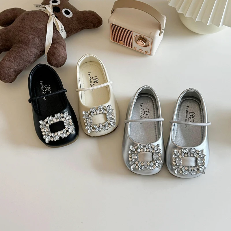 Shoes for Girls Child Ballerina Flats Kids Diamond Party Dress Shoes Princess Elegant Shoe Black Silver leather shoe