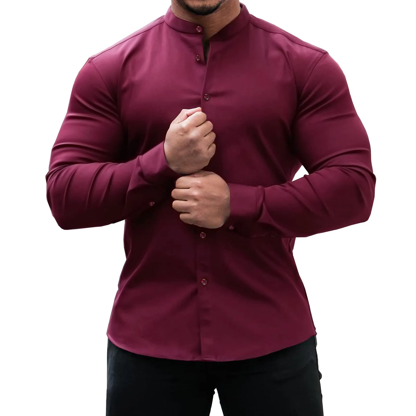 Men Collarless Slim Long Sleeve OL Button Workwear Blouse Shirts Casual Male Long Lantern Sleeve Business Tops BSD-ZT183