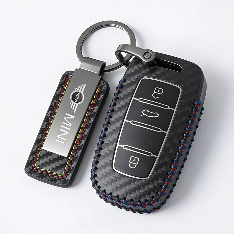 1pcs Carbon fiber leather keychain pendant, car keychain pendant For Mini Cooper R50 R53 R55 R56 R60 R61 F54 F55 F56 F60 Clubman view 3