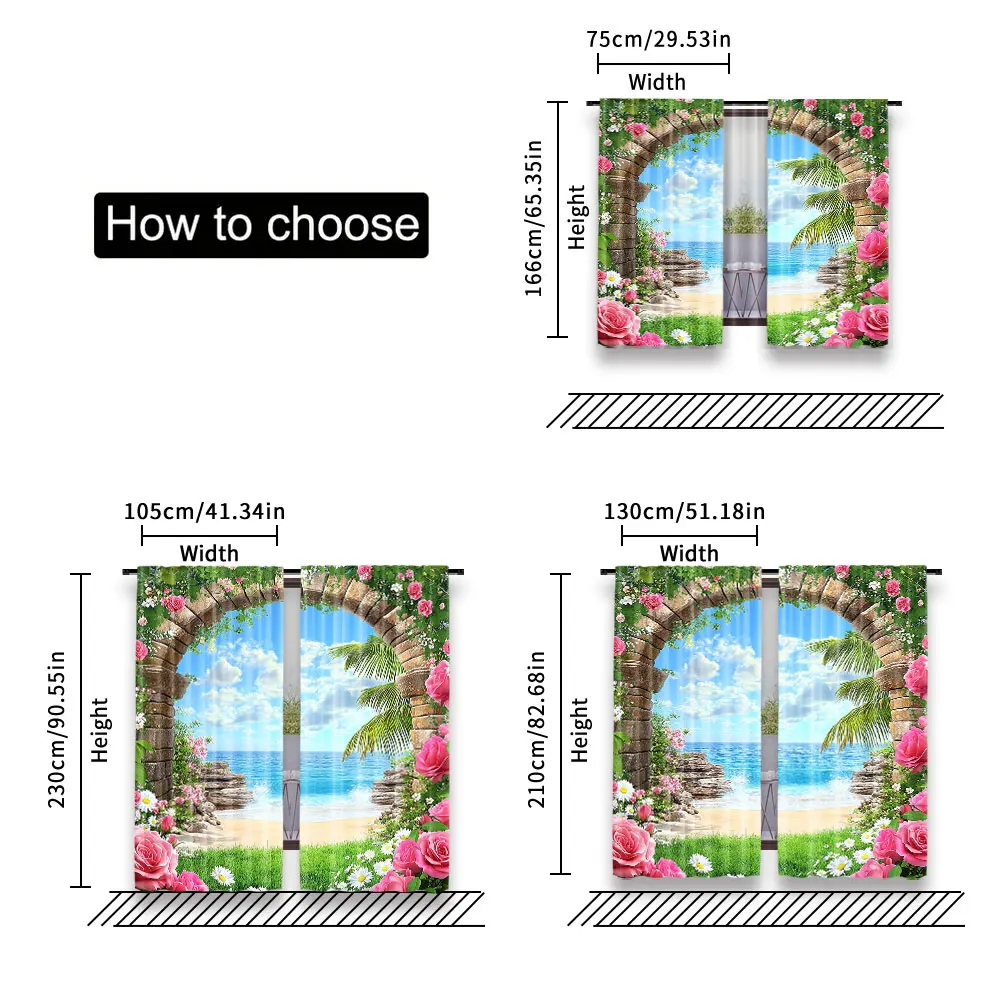 2 uds vista de cielo azul cortinas de playa flores arco de piedra paisaje cortinas de playa se aplican a la sala de estar dormitorio tienda de Hotel