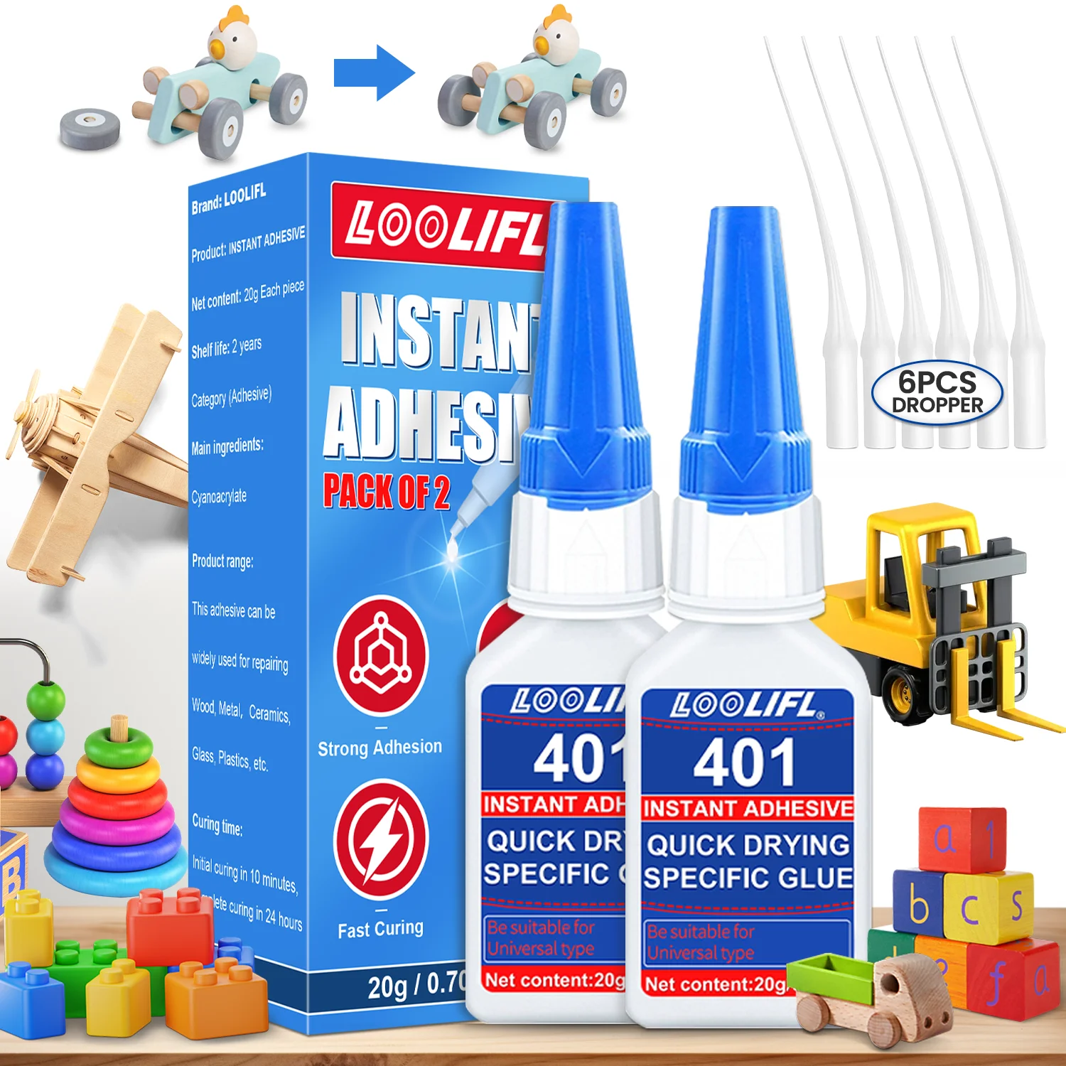 LOOLIFL- غراء بلاستيكي فائق، ربط 10 ثوانٍ، مقاوم للماء، يستخدم لإصلاح الألعاب، طباعة ثلاثية الأبعاد، إصلاح الأحذية، DIY، إلخ.