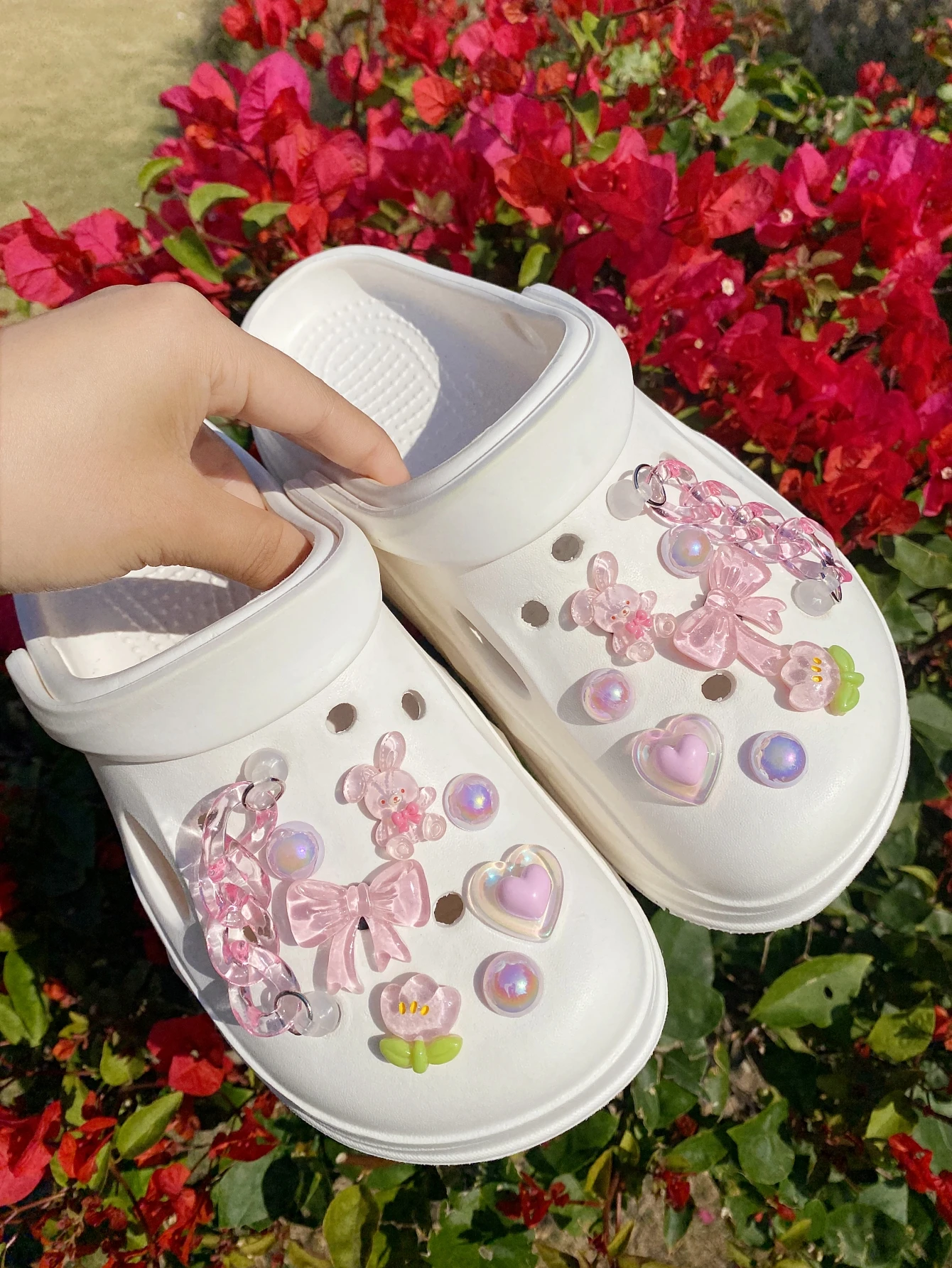 16개 토끼, 리본, 하트, 꽃, 핑크 체인 신발 버클, DIY 장식, 다기능 신발 클립 액세서리 여성용