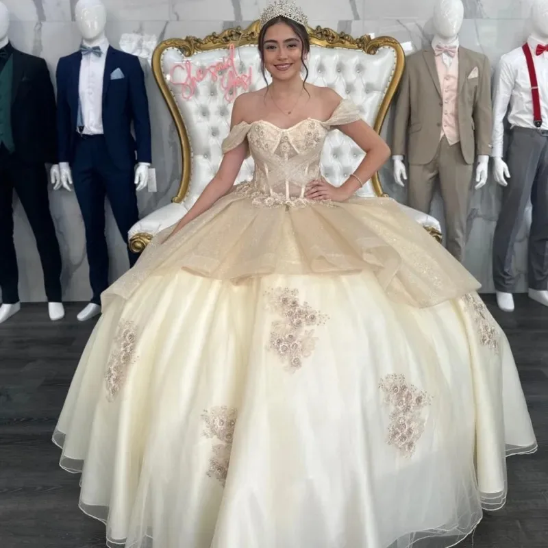 

Светлые платья Quinceanera цвета шампанского, кружевные бретели с аппликацией, многоуровневый корсет сзади, тюль без рукавов, милый бал принцессы на заказ