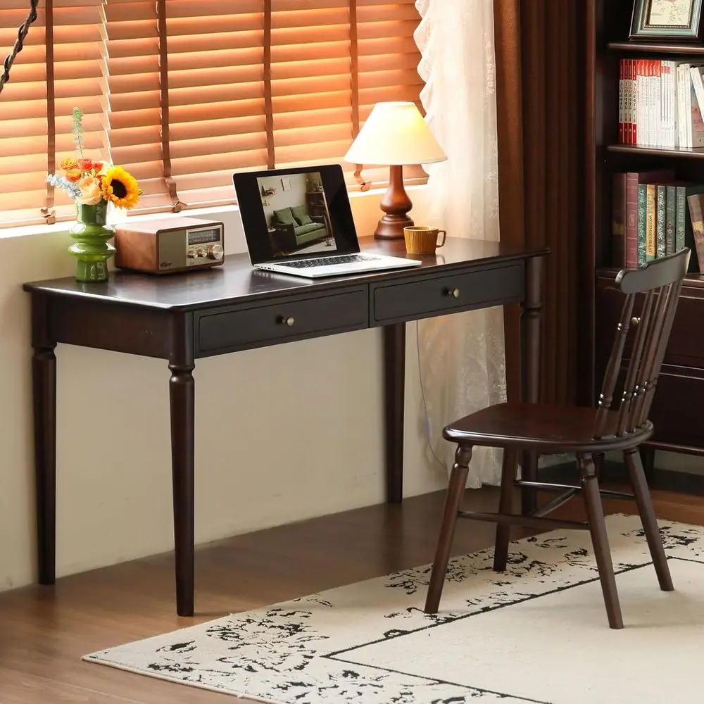 

Vintage-Style Solid Wood Writing Desk with Carved Legs for Home Office, 55.11 W