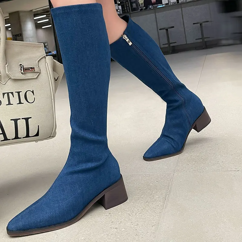 

High Quality Handmade Denim Jeans Blue Black Fashion Goth Shoes Pointed Toe Chunky Heels Knee High Zipper Western Cowboy Boots