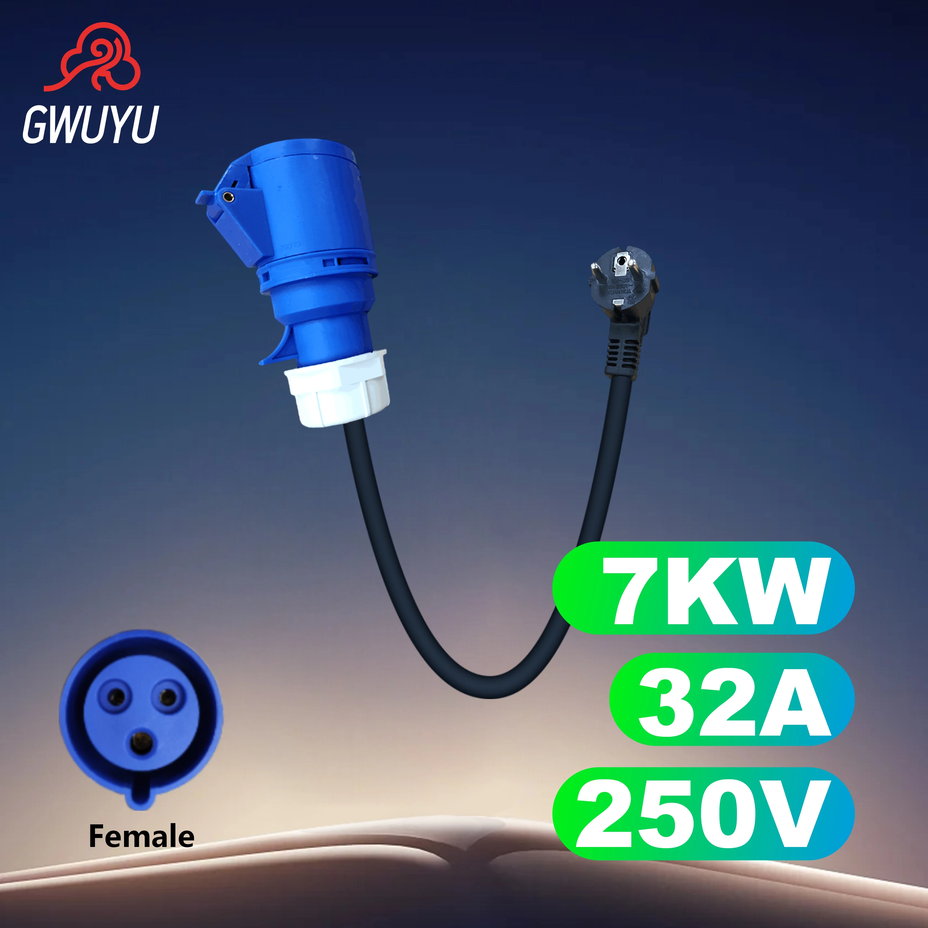 GWUYU Type 2EV Charger Adapter 7KW 32A 250V Blue CEE Female Socket To 16A 3.5KW EU Schuko for Electric Vehicle Portable Charger