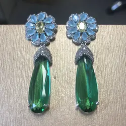 Bilincolor Fashion Blue Flower and Green Zirconia Dangling Drop Earring for Women
