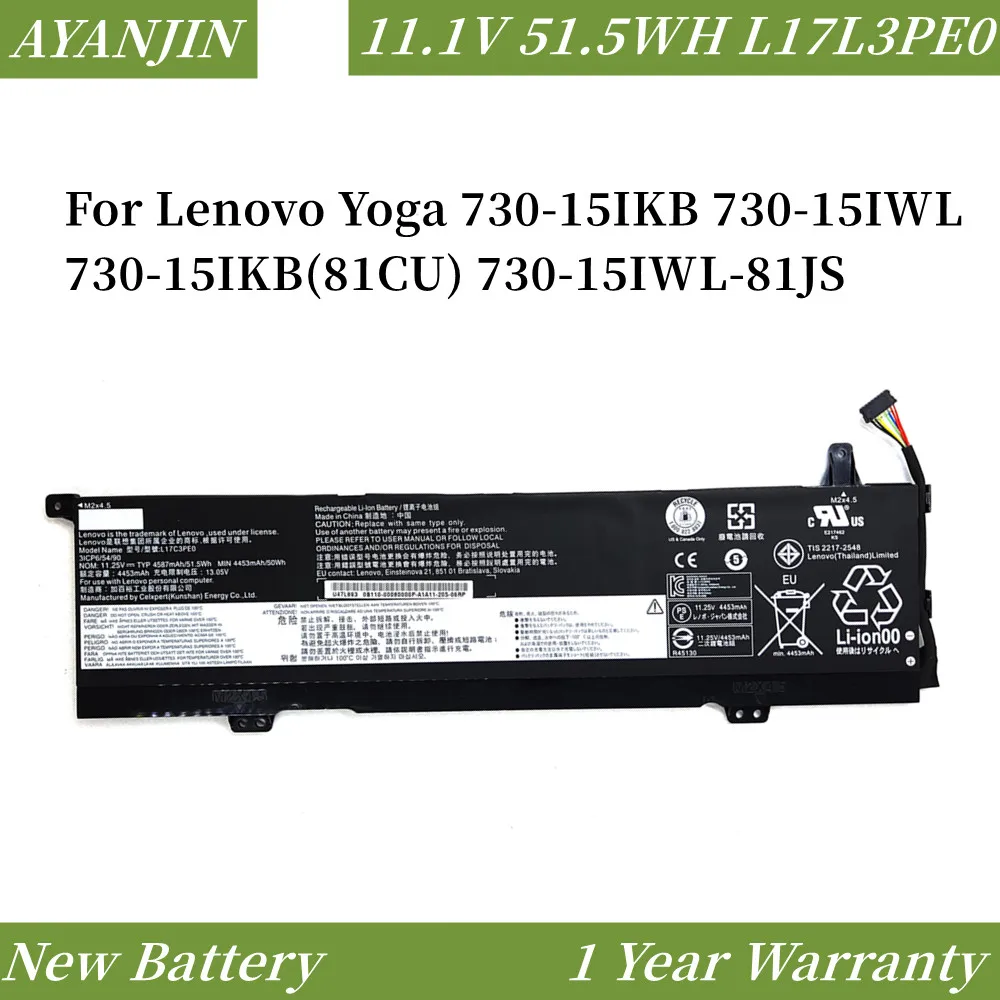 L17C3PE0 L17L3PE0 L17L3PEO 11.4V 51.5WH Laptop Battery For Lenovo Yoga 730-15IKB 730-15IWL 730-15IKB(81CU) 730-15IWL-81JS