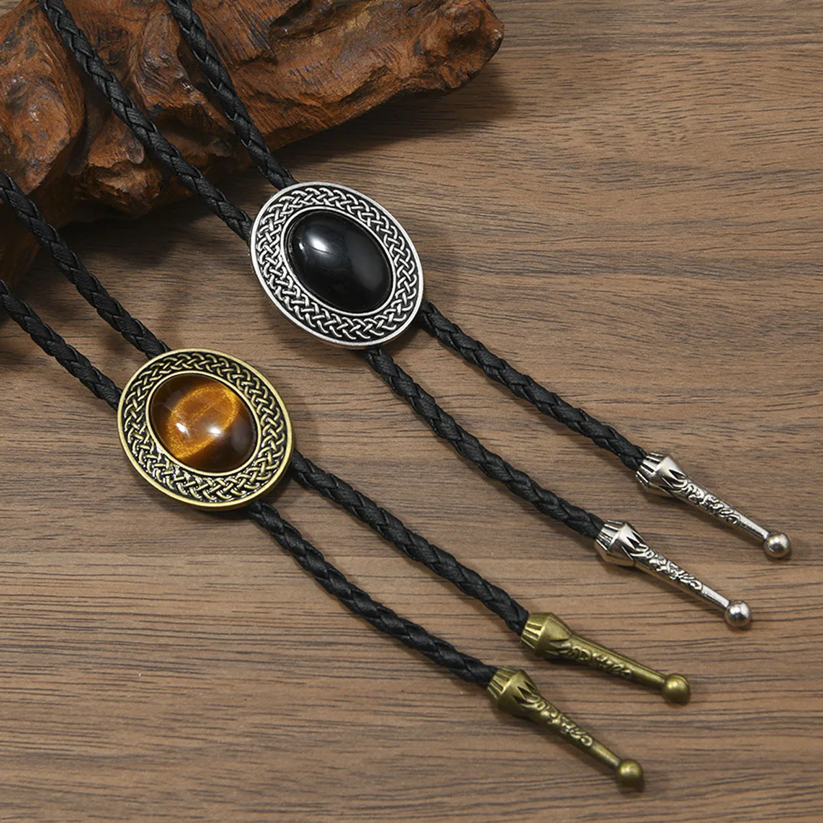 Retro Oval Weaving Bolo Tie for Men Western Cowboy Style Fashion Creative Necktie