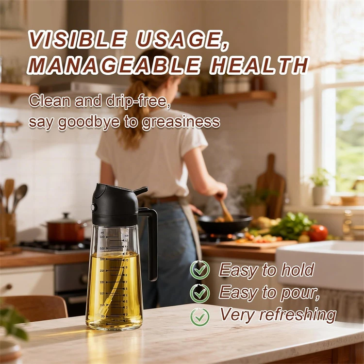 LMETJMA 2-in-1 Olivenöl-Spenderflasche, auslaufsichere Glas-Olivenölsprühflasche, Küchen-Ölsprühflasche für Heißluftfritteuse, Salat, BBQ – Detail 10