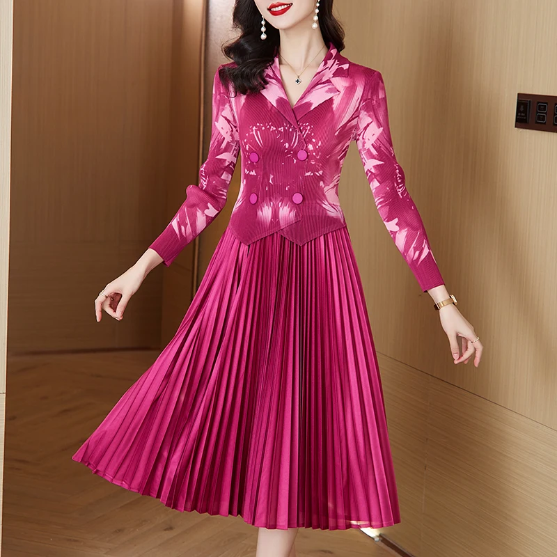 

Pleated Dress 2024 Spring/Summer New French Style Rose Red Printed Suit Pleated Dress Spliced Fake Two Piece Dress