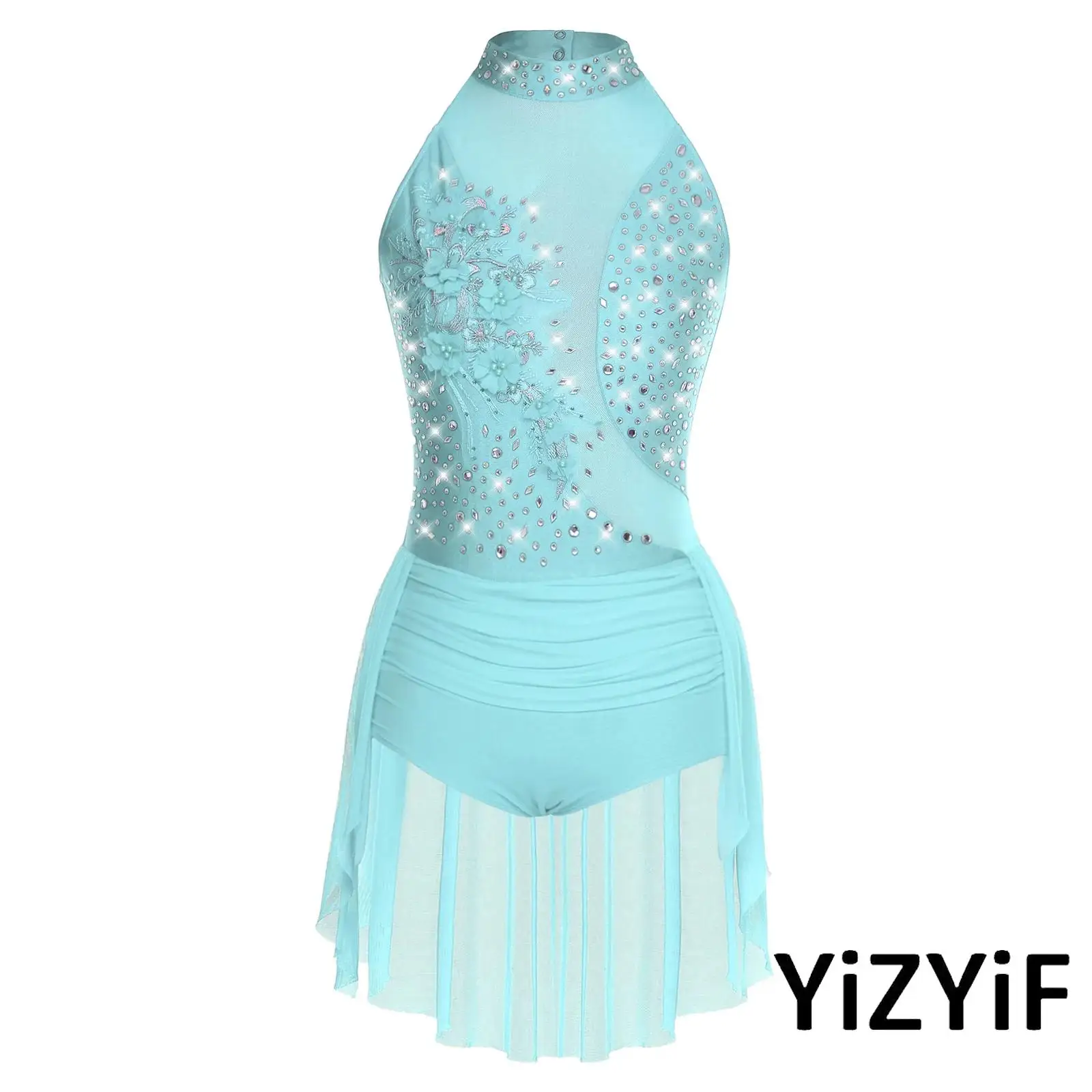 

Womens Glittery Rhinestone Lyrical Latin Dance Bodysuit Sleeveless Back Hollow Out Irregular Chacha Gymnastics Skirted Leotard