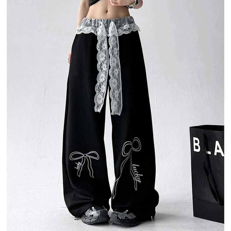 Kant Jazzdans Sportbroek Vrouwen Patchwork Losse Luie Casual Broek Amerikaanse Mode Boog Print Hiphop Wijde Pijpen Broek