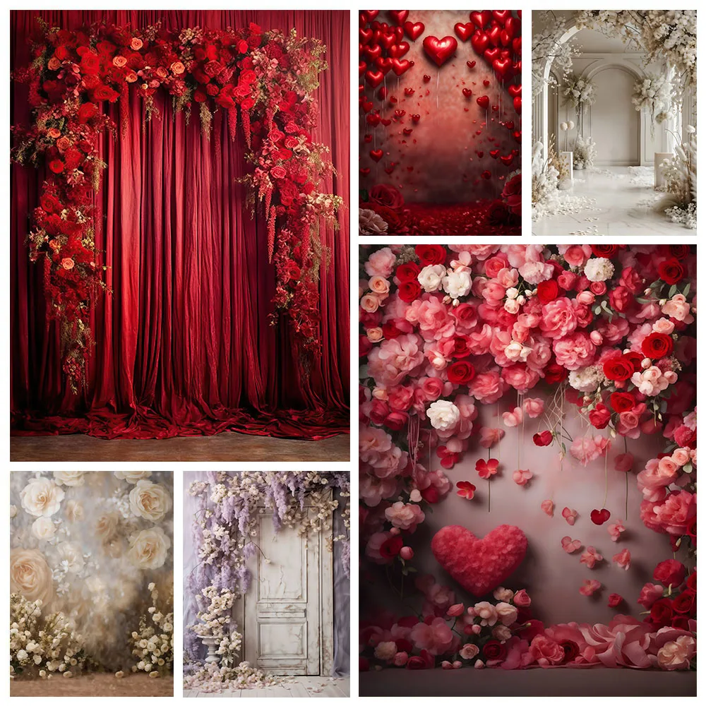 Mehofond Photography Backdrop Red Flower Love Heart Valentine Portrait Curtain Floral Balloon Wedding Background Studio Photos