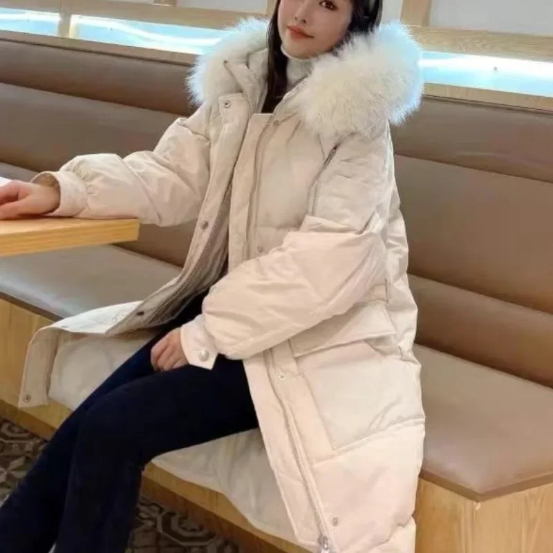 Women Medium Long Knee-length Jacket Winter Zip Button Double Placket Warm Snow Outwear Loose Thickened Large Fur Collar Parkas