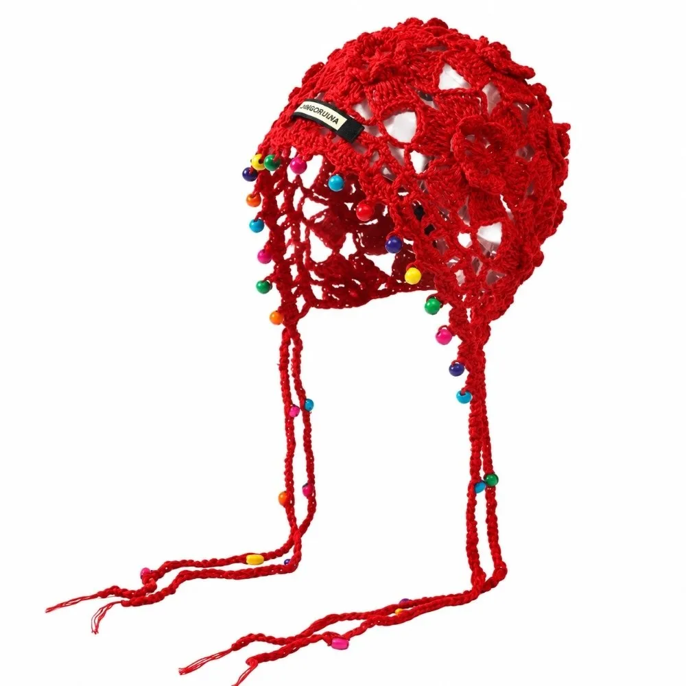 Openwork Crochet Knitted Beanie Drawstring Strap Color Bead Tassel Boho Hat Soft Yarn Fabric Hand‑hooked Craft Ethnic Beanie