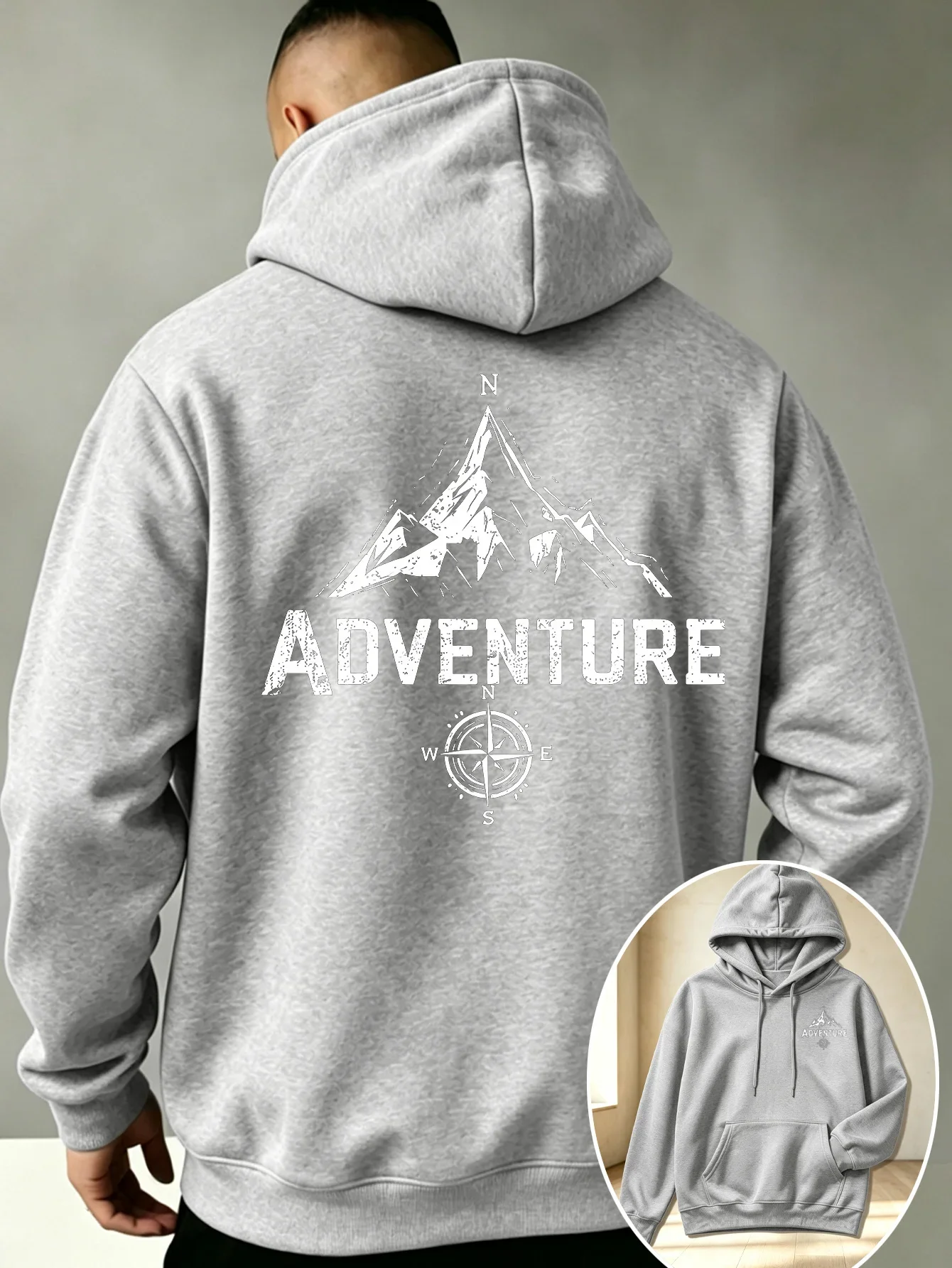 Vintage Adventure Mountain Compass Front Back Print Hoodie Men Letter Graphic Sweatshirt Casual Long Sleeve Outdoor