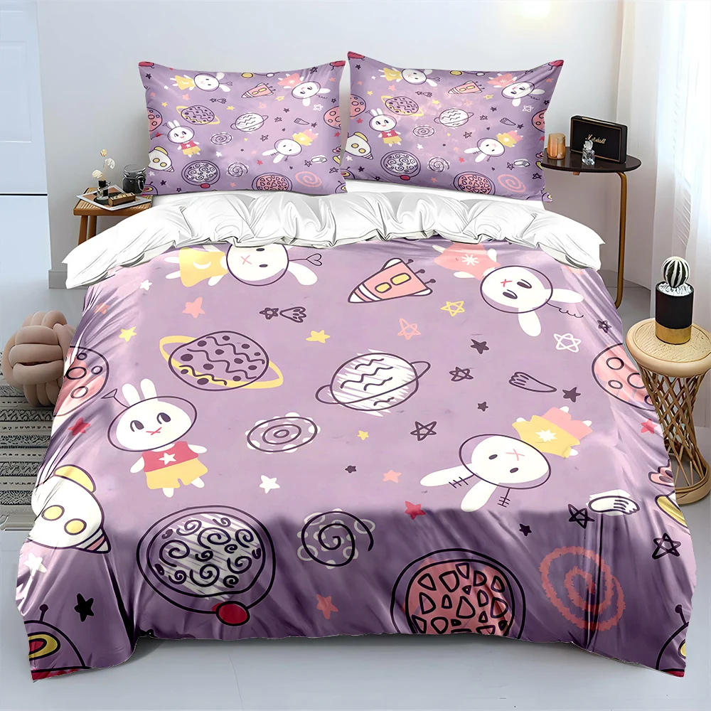 Cartoon Rabbit Space Theme Purple background Bedding Set 1Duvet Cover 2Pillowcases for Adult and Children Luxury Gift Full Size