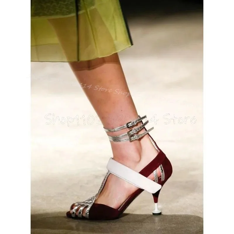 

Burgandy White Peep Toe Hollow Design Pumps Ankle Buckle Strap Women Shoes Strange Style Heels Runway 2025 Zapatos Para Mujere