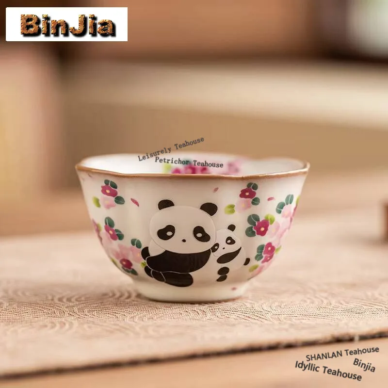 

50ML Cartoon Panda Pattern Ceramic Teacup Lard Frozen Ru Kiln Flower Mouth Master Cup Women's Beauty Tea Bowl Kung Fu Tea Set