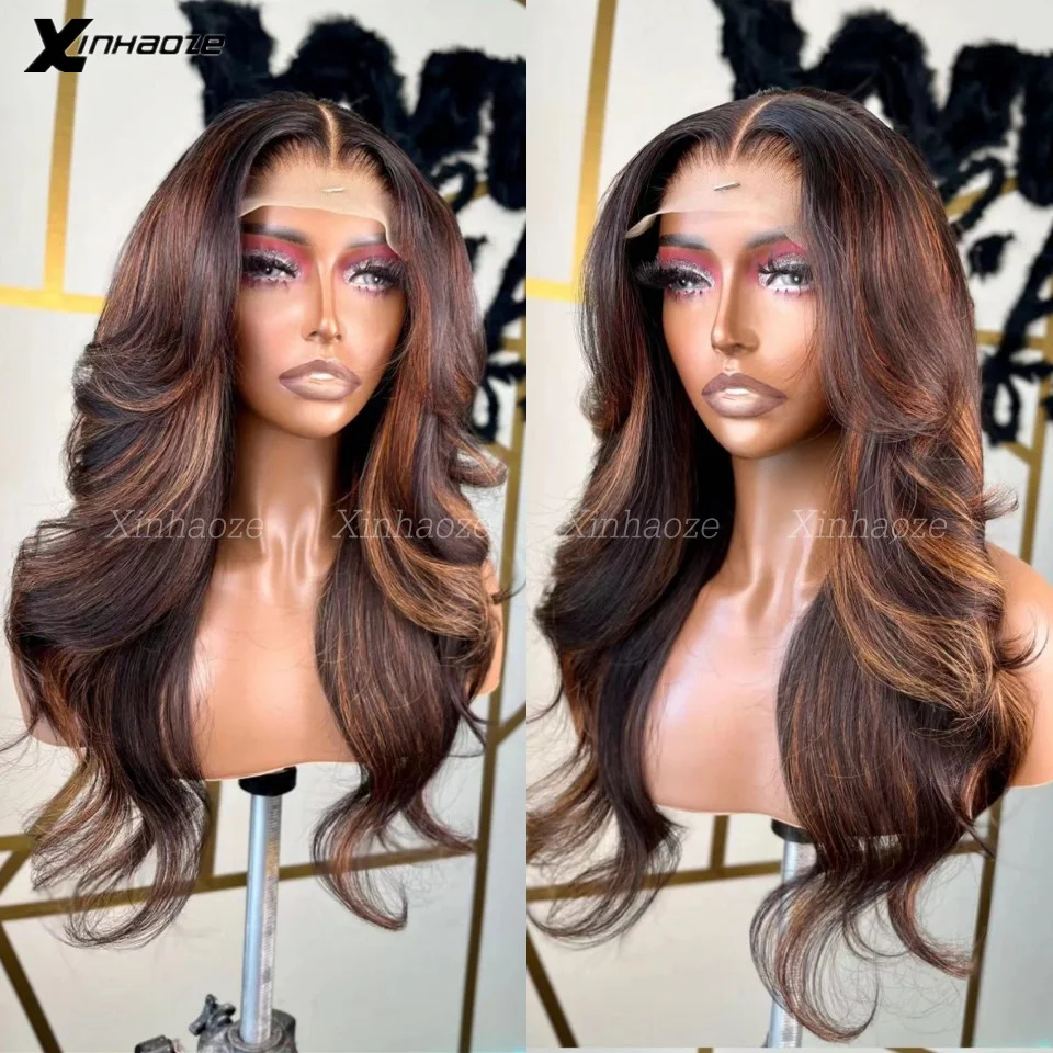 

Hd 13x4 13x6 Highlight Wavy Lace Front Human Hair Wig 360 Full Lace Wig PrePlucked Brazilian Brown #4/30 Colored Frontal Wigs