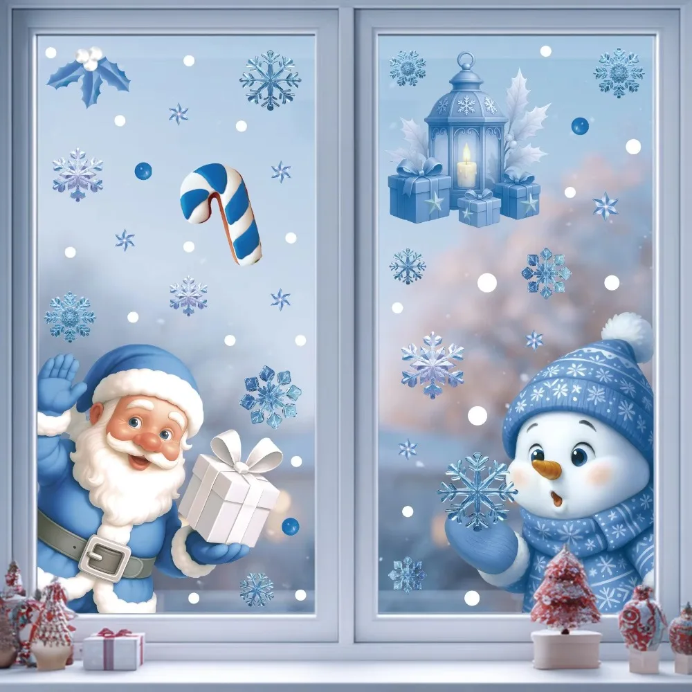 2PCS Santa Snowman Christmas Window Stickers Elk Snowflake Design Blue Glass Static Stickers Double Side Printed Static Cling