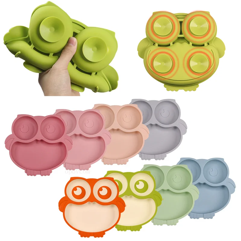 BPA Free Silicone Baby Training Feeding Sucker Bowl Dining Plate Cute Owl Children Dishes for Toddlers Baby Food Accessories