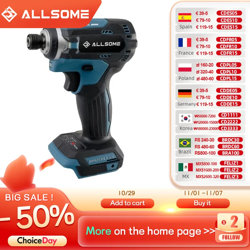 

Allsome 21V Cordless Impact Driver,3-Speed 1/4-Inch Brushless Electric screwdriver