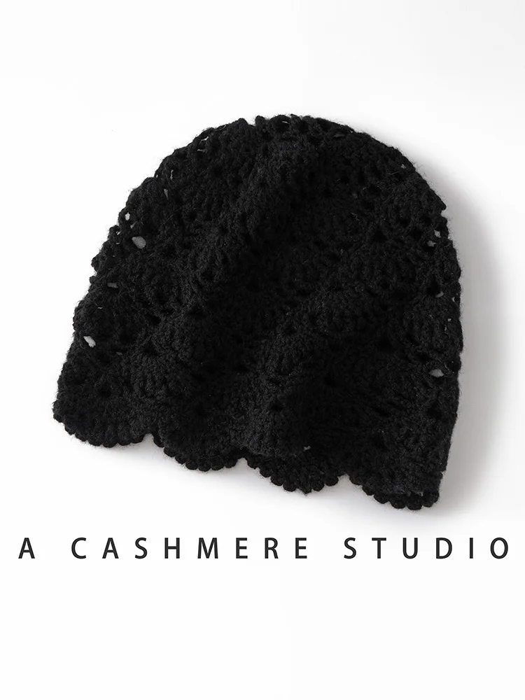 女性の 100% カシミヤ手作りカシミヤ帽子中空かぎ針編みパターン帽子秋冬高品質ニットファッショントップス
