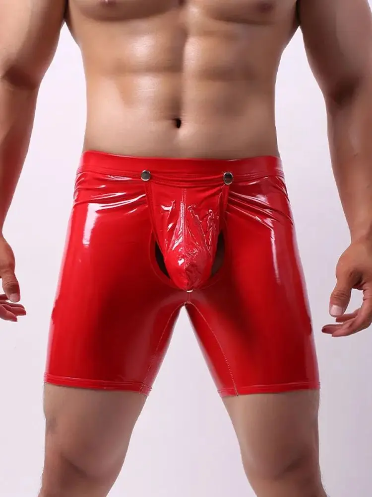 S-5XL Shiny Faux PU Leather Boxershorts Men Underwear Wet Look PVC Boxer Convex Pouch Hot Sexy Calzoncillos Tights Trunks Shorts