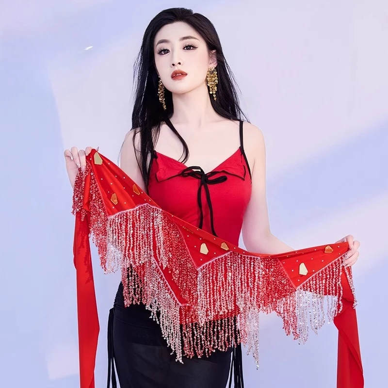 Cintura da performance di danza del ventre per donna, catena in vita, sciarpa sui fianchi, triangolo con frange, accessori per concorsi di danza orientale tribale
