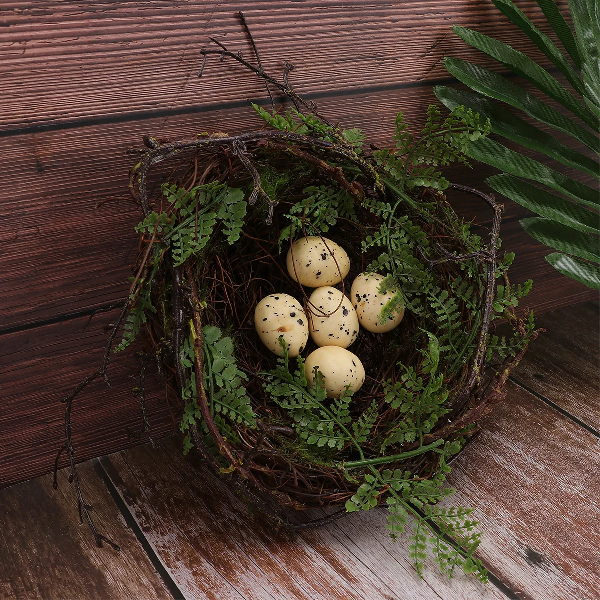 

Bird Nest Ornament 1 Set Natural Vine Rattan Nest with 5 Simulated Eggs for Garden Home Patio Balcony Bird Theme Decor