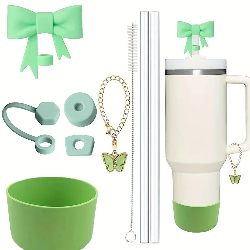 9pcs Accessories For Stanley Tumbler Cup Spill Proof Stopper 10mm Straw Cover Cap Silicone Boot Charm Chain Straw Brush - view 2