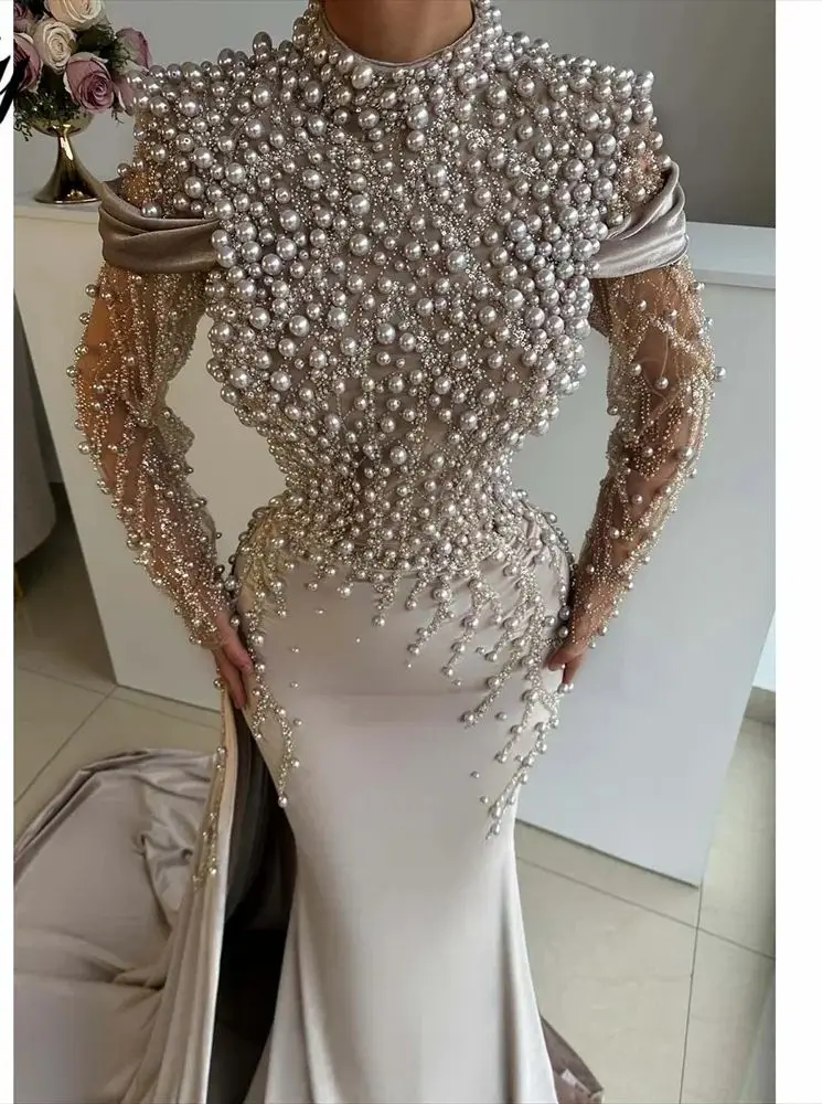 Aenyrst Light Beige Satin فساتين السهرة High - Neckline Party Dresses Pearl - Embellished and Mesh - Sleeve Mermaid