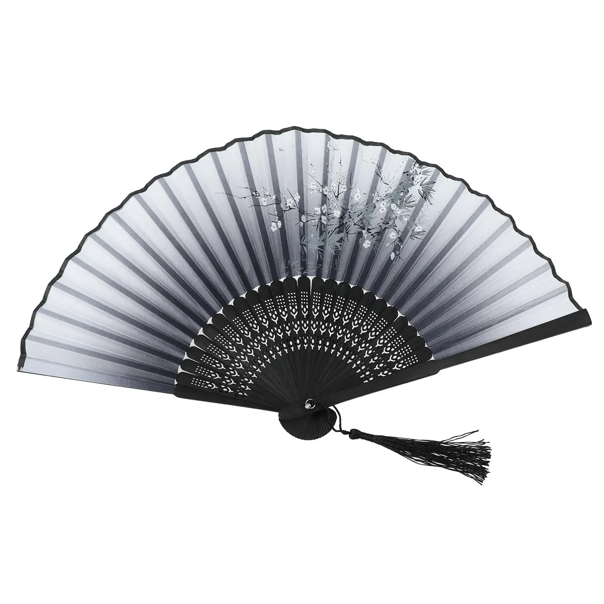 Silk Folding Fan 7Inch Chinese Style Bamboo Plum Blossom Single-Sided Printed Decorative Gift for Wedding Birthday Party