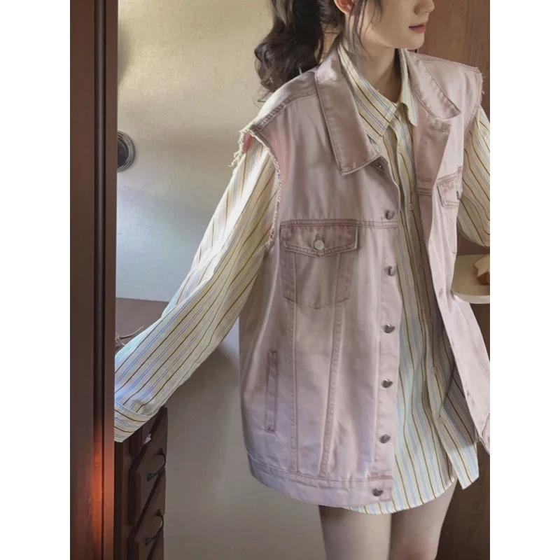 Shpmishal Korean Fashion 2024 New Retro Romantic Flip Collar Vest Women's Style Old Washed Pink Vest Coat Female Clothing