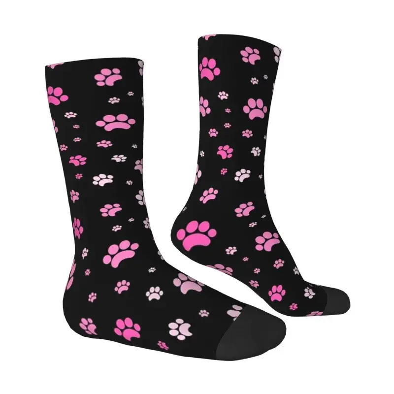 Chaussettes provoqué à motif de patte de chien rouge et rose pour hommes, chaussettes confortables et chaudes, chaussettes d'équipage imprimées en 3D, chaussettes unisexes drôles