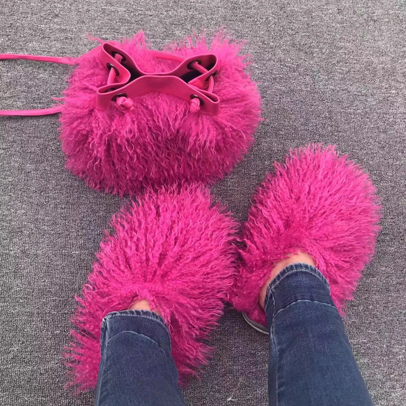 New Luxury Mongolian Fur Slippers For Women Fluffy Mongolian Fur Slides And Fur Bag Set Plush Wool Flip Flops Handbags Purses