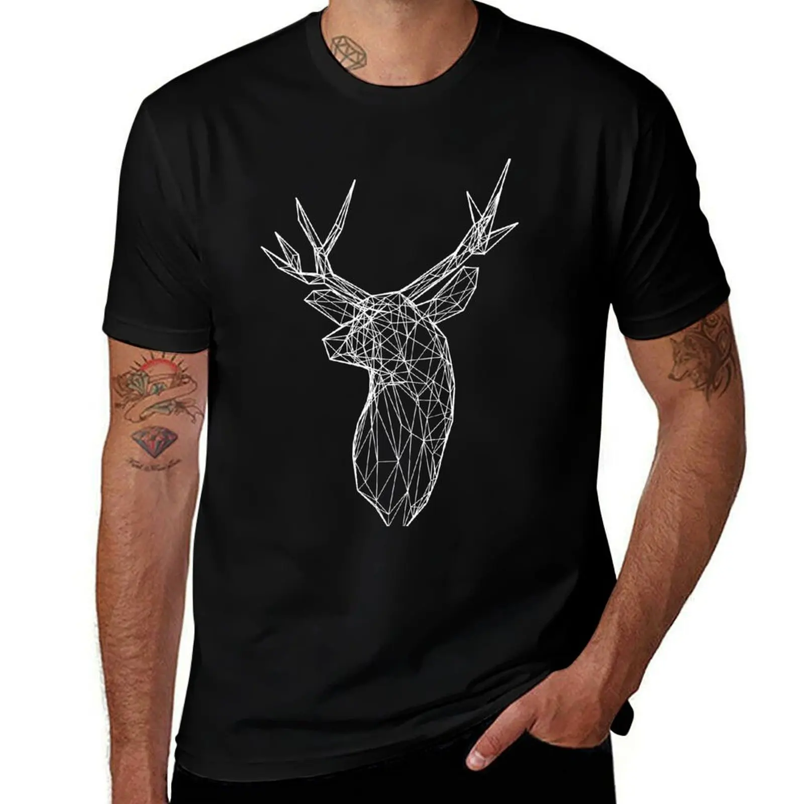 3D White Line Stag Deer Polygon Head T-Shirt Casual Minimalist Short Sleeve Top T-Shirt