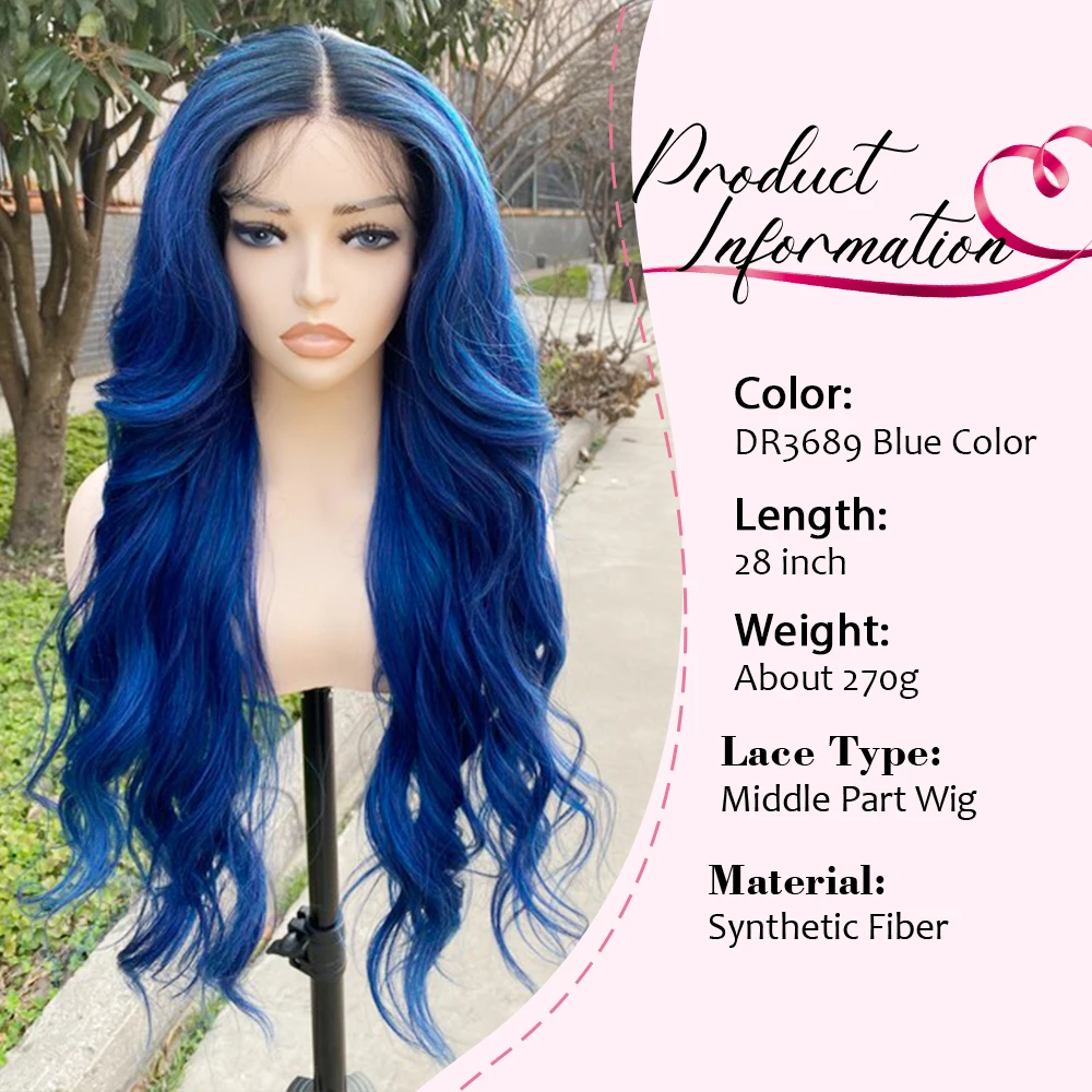 X-TRESS Middle Part Synthetic Lace Front Wigs Ombre Blue Color Long Wavy Natural Wigs for Black Women Fashion Heat Resistant