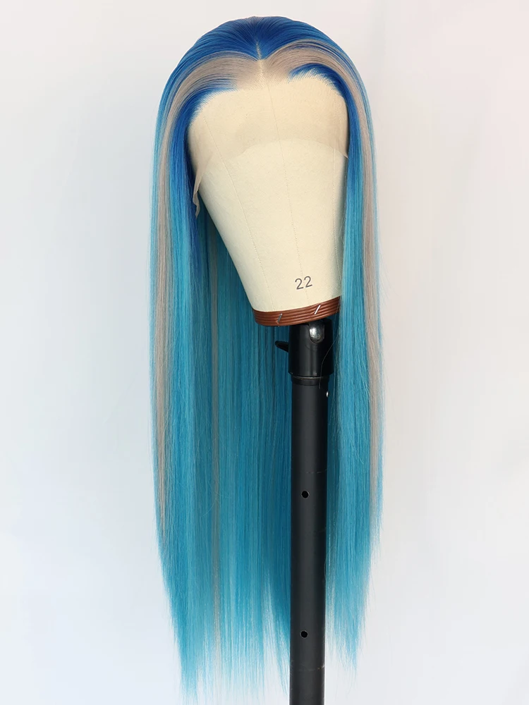 Peruca frontal de renda sintética com cor listrada para mulheres, cabelos lisos longos com destaques, fibra resistente ao calor, moda skunk 13x3