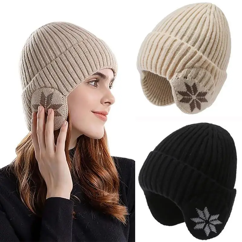 Winter Knit Earflap Beanie Hat, Snowflake Pattern Fleece-Lined Warm Knitted Cap, Windproof Cold Protection Hat for Outdoor Use