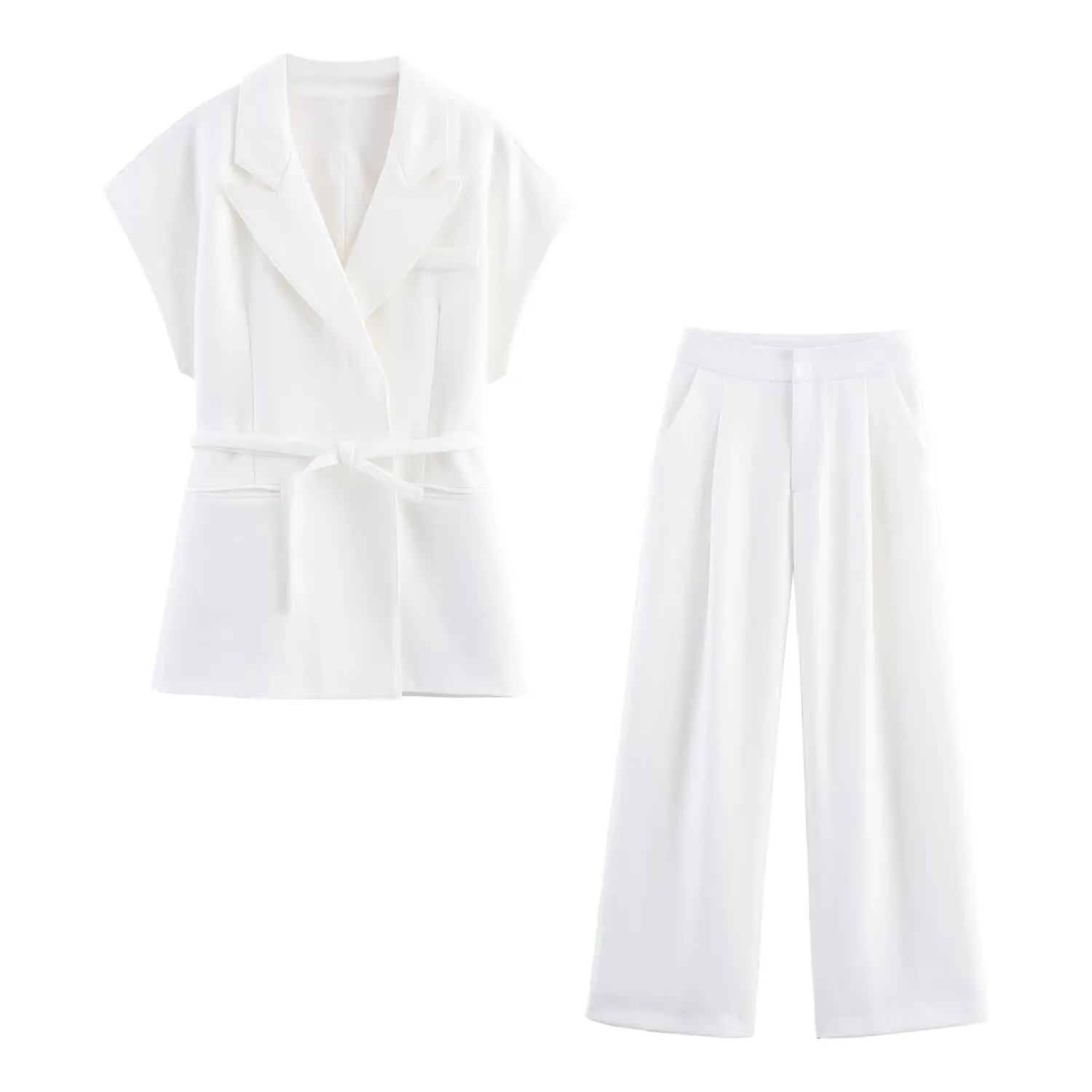 HH Vrouwen Elegante Effen Broek Pak Revers Dubbele Riem Ontwerp Mouwloos Vest + Zakken Rits Knop Rechte Geplooide Lange Broek - afbeelding 2