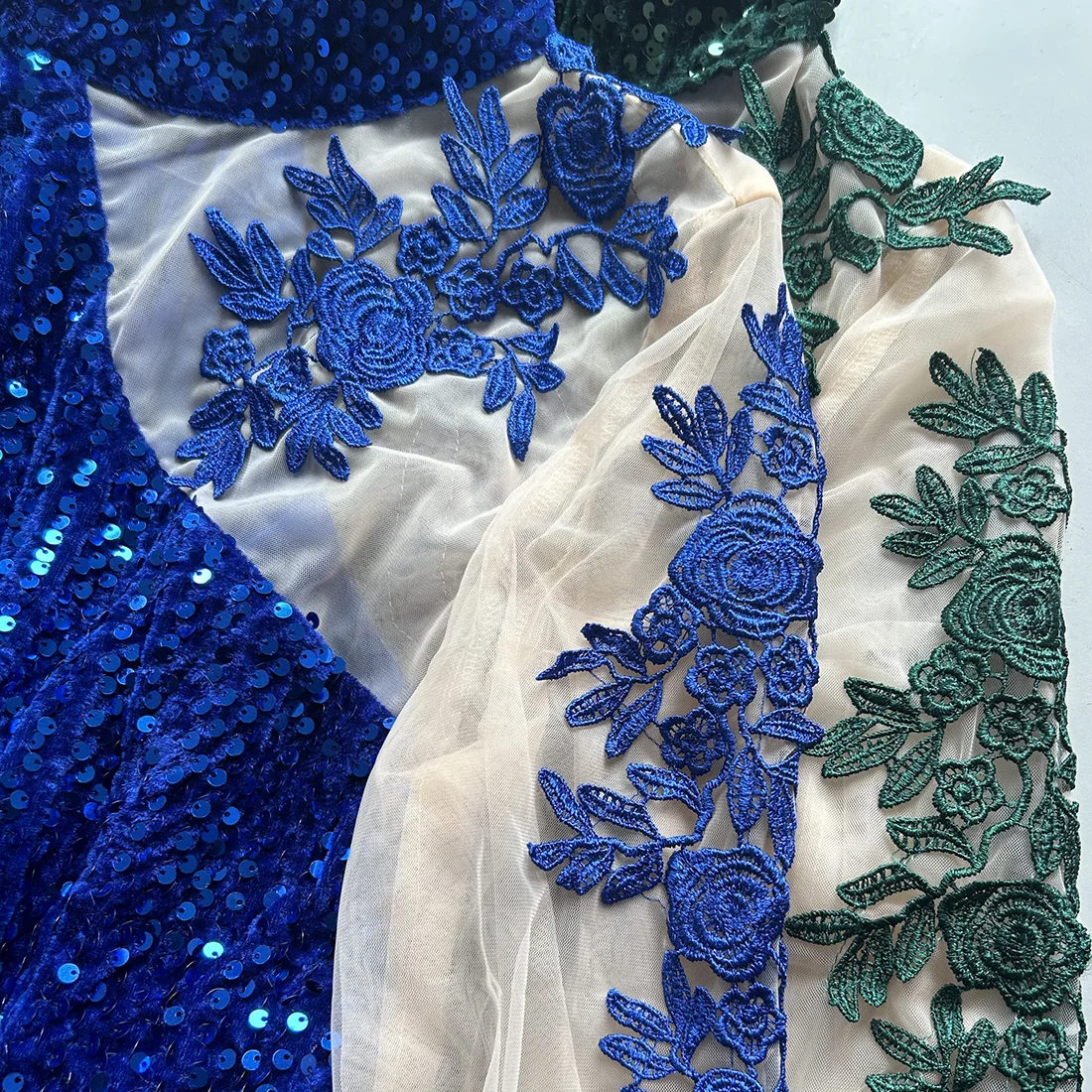 Royal Blue Green High Neck Sequin Lace Velvet Evening Maxi Dress Full Sleeved Hollow Out Prom Event Formal Gown