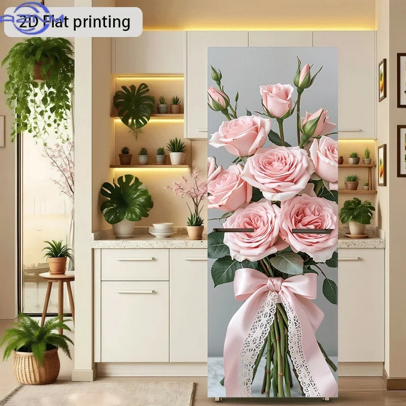 of  Printed Refrigerator Sticker, Measuring , Featuring a Design of Pink Roses And Lace Bows. This Self-Adhesive Wall Decorati