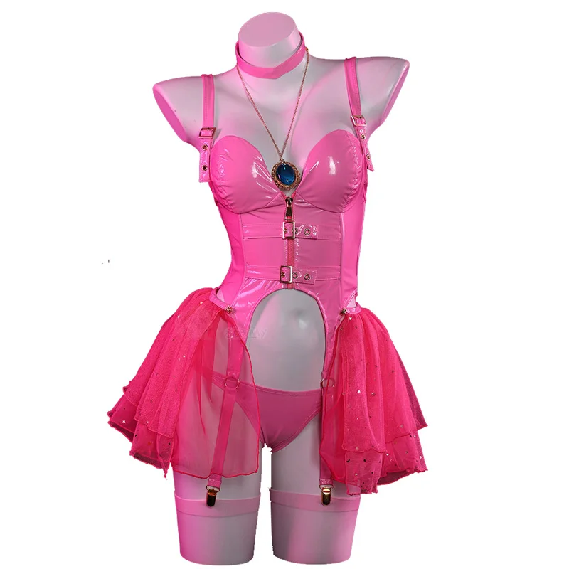 

Princess Peach Cosplay Costume Women Sexy Leather Sling Short Dress Necklace Suit Anime Uniform Halloween Carnival Party Clothes